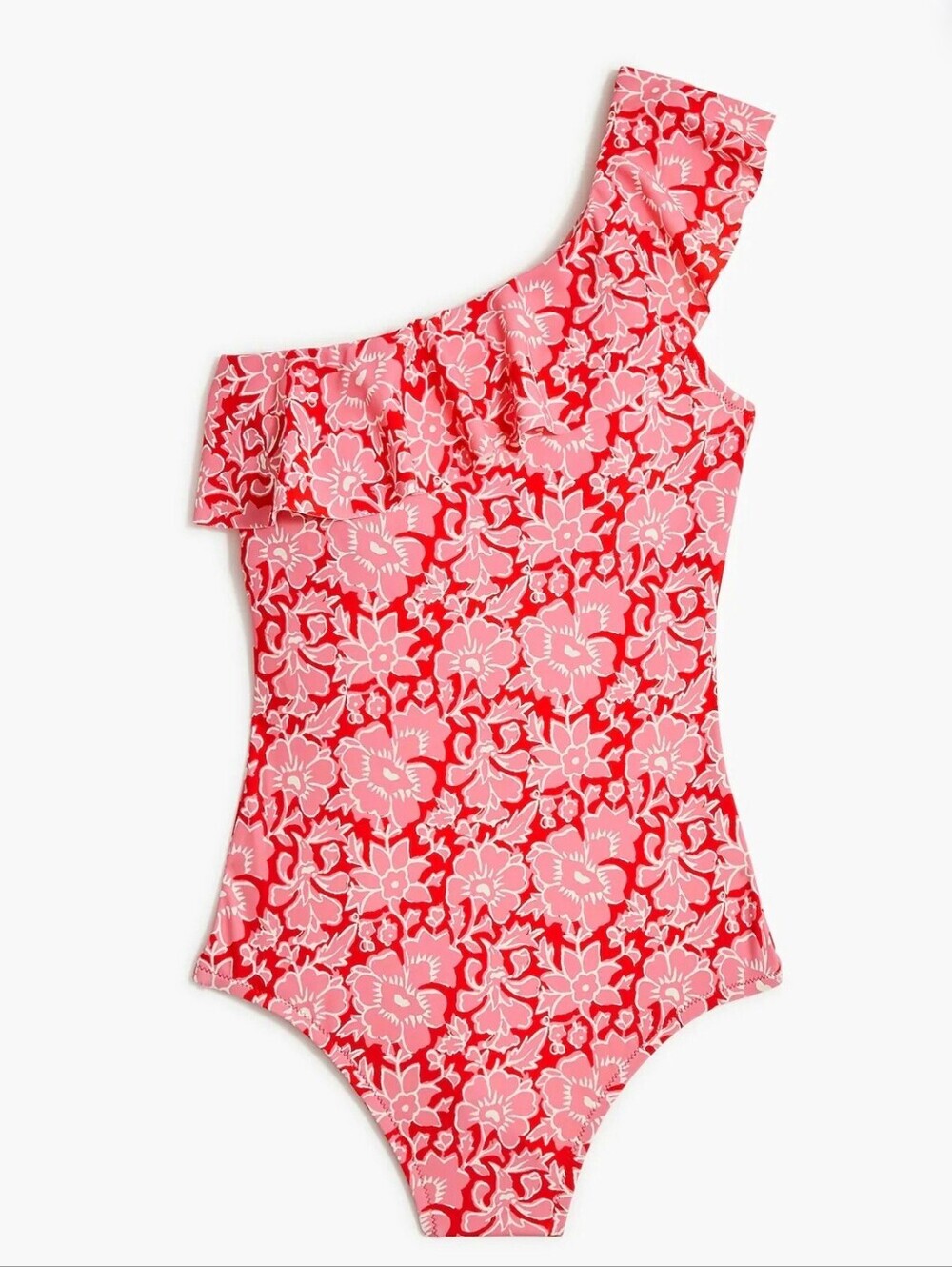 J. Crew NEW One Shoulder Ruffle One Piece Pink Red Floral Swimsuit SZ Large Chic